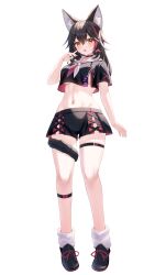 Rule 34 | 1girl, absurdres, animal ear fluff, animal ears, black choker, black footwear, black hair, black shirt, black shorts, blush, breasts, choker, cropped shirt, full body, highres, hololive, long hair, looking at viewer, medium breasts, multicolored hair, no bra, official alternate costume, ookami mio, ookami mio (another ookami mio), open mouth, red hair, shirt, shoes, shorts, solo, streaked hair, tail, tail around own leg, thigh strap, togemaru34, underboob, virtual youtuber, wolf ears, wolf girl, wolf tail