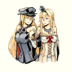 Rule 34 | 10s, 2016, 2girls, bare shoulders, bismarck (kancolle), blonde hair, blue eyes, braid, breasts, brown gloves, cleavage, collarbone, corset, crown, detached sleeves, dress, flower, gloves, grin, hair between eyes, hairband, half up braid, hat, jewelry, kantai collection, long hair, long sleeves, looking at another, medium breasts, military, military uniform, mini crown, multiple girls, necklace, off-shoulder dress, off shoulder, parted lips, peaked cap, red flower, red ribbon, red rose, ribbon, rose, side-by-side, simple background, smile, uniform, warspite (kancolle), wdm, weidashming, white background