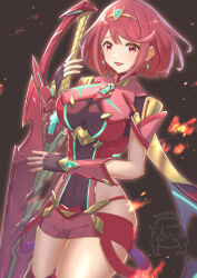 Rule 34 | 1girl, black gloves, breasts, chest jewel, commentary request, cowboy shot, earrings, fingerless gloves, gloves, high collar, highres, holding, holding sword, holding weapon, jewelry, large breasts, open mouth, pyra (xenoblade), red eyes, red hair, red shorts, short hair, short shorts, shorts, signature, smile, solo, swept bangs, sword, tiara, weapon, xenoblade chronicles (series), xenoblade chronicles 2, yanagimachi