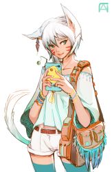 Rule 34 | 10s, 1girl, animal ears, bare shoulders, blue eyes, camera phone, casual, cat ears, cat tail, cellphone, chocobo, earrings, facial mark, fat chocobo, final fantasy, final fantasy xiv, highres, jewelry, looking at viewer, miqo&#039;te, pechan, phone, short hair, shorts, simple background, solo, standing, tail, thighhighs, warrior of light (ff14), white hair