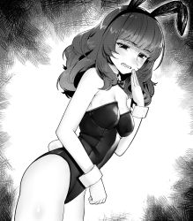 Rule 34 | 1girl, animal ears, bare shoulders, blunt bangs, blush, bow, bowtie, breasts, cleavage, detached collar, dutch angle, fake animal ears, fake tail, greyscale, highres, leotard, long hair, looking at viewer, medium breasts, monochrome, ootori chacha, pantyhose, playboy bunny, rabbit ears, rabbit tail, sidelocks, solo, strapless, strapless leotard, tail, tokyo 7th sisters, wing collar, wrist cuffs, yakimi 27