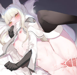 Rule 34 | 1boy, 1girl, absurdres, animal ears, arknights, bar censor, bed sheet, black footwear, black gloves, black thighhighs, blunt bangs, blush, breasts, censored, coat, elbow gloves, erection, gloves, hetero, highres, hinamori (18ar0), horse ears, horse girl, horse tail, leg up, long hair, looking at viewer, lying, naked coat, navel, nipples, on side, open clothes, open coat, out of frame, penis, platinum (arknights), pussy, pussy juice, sex, sheet grab, sidelocks, small breasts, sweat, sweatdrop, tail, tears, thighhighs, vaginal, white coat, white hair, yellow eyes