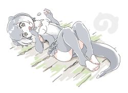Rule 34 | 10s, 1girl, :d, animal ears, armpits, bare shoulders, barefoot, breasts, collar, elbow gloves, frilled swimsuit, frills, full body, fur collar, gloves, gradient hair, grey eyes, grey gloves, grey one-piece swimsuit, grey thighhighs, japari symbol, juggling, kemono friends, knees up, looking at viewer, lying, medium breasts, mitsumoto jouji, multicolored hair, no shoes, on back, one-piece swimsuit, open mouth, rock, short hair, small-clawed otter (kemono friends), smile, solo, swimsuit, tail, tareme, thighhighs, thighs, toeless legwear, toes, two-tone hair