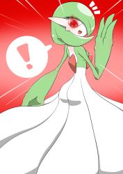 Rule 34 | !, 1girl, alpha pokemon, ass, blush, bob cut, breasts, colored skin, creatures (company), emphasis lines, female focus, from behind, game freak, gardevoir, gen 3 pokemon, glowing, glowing eyes, green hair, green skin, hand up, happy, highres, kazamidoririnn, looking at viewer, looking back, multicolored skin, nintendo, notice lines, open mouth, pokemon, pokemon (creature), red background, red eyes, short hair, sideways mouth, simple background, small breasts, smile, solo, speech bubble, spoken exclamation mark, standing, two-tone skin, white skin