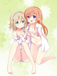 Rule 34 | 2girls, :d, aoyama blue mountain, bare shoulders, barefoot, blue eyes, bow, bow panties, bra, breasts, brown hair, cleavage, collarbone, collared shirt, commentary request, commission, dress shirt, gochuumon wa usagi desu ka?, hair between eyes, heart, heart hands, highres, hoto mocha, kneeling, knees up, long hair, massala, medium breasts, multiple girls, navel, off shoulder, open clothes, open mouth, open shirt, panties, pink bra, pink panties, pixiv commission, purple bra, purple eyes, purple panties, shirt, shirt on shoulders, smile, underwear, very long hair, white shirt