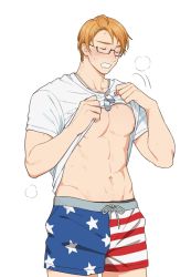 Rule 34 | 1boy, abs, america (hetalia), american flag pants, american flag print, axis powers hetalia, bare pectorals, blonde hair, blush, clothes lift, cowboy shot, dog tags, drawstring, glasses, male focus, navel, nipples, pectorals, print pants, shirt lift, shorts, simple background, sweat, to@st, white background