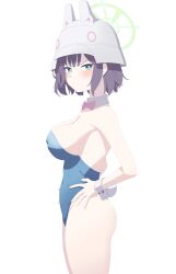 Rule 34 | 1girl, absurdres, aimpoleume, blue archive, blue eyes, blue leotard, breasts, collar, helmet, highres, large breasts, leotard, looking at viewer, purple hair, saki (blue archive), short hair, solo, thighs, white background