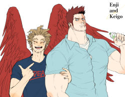 Rule 34 | 2boys, aqua shirt, arm grab, beard, blonde hair, blue eyes, blush, boku no hero academia, bottle, bursting pectorals, couple, endeavor (boku no hero academia), facial hair, feathered wings, hawks (boku no hero academia), highres, holding, holding bottle, jo tuesday19, large pectorals, looking at viewer, male focus, mature male, multiple boys, muscular, muscular male, pectorals, pointing, pointing at self, red hair, red wings, scar, scar across eye, scar on face, shirt, short hair, sideburns, smile, spiked hair, stubble, upper body, wings, yaoi