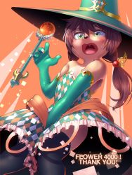Rule 34 | 1girl, brown hair, dog, furry, furry female, green eyes, hat, highres, long hair, open mouth, raizinndx, solo, staff, witch hat