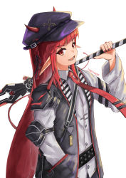 Rule 34 | 1girl, :d, arknights, artist name, braid, collared shirt, commentary, demon horns, demon tail, english commentary, fingernails, hand in pocket, hat, highres, holding, horns, horns through headwear, ichi10art, jacket, long hair, long sleeves, looking at viewer, necktie, open clothes, open jacket, open mouth, pointy ears, purple hat, red eyes, red hair, red necktie, shirt, smile, solo, tail, v-shaped eyebrows, very long hair, vigna (arknights), white background, white shirt, wing collar