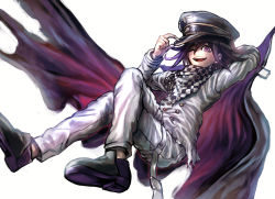 Rule 34 | 1boy, :d, absurdres, adjusting clothes, adjusting headwear, arm behind head, arm up, black footwear, black hair, black hat, buttons, cape, checkered clothes, checkered neckwear, checkered scarf, commentary, crossed legs, danganronpa (series), danganronpa v3: killing harmony, double-breasted, english commentary, full body, grey background, grey jacket, grey pants, hat, highres, jacket, looking at viewer, male focus, minster (dooke), oma kokichi, one eye closed, open mouth, pants, peaked cap, pink eyes, purple cape, purple eyes, purple hair, scarf, shiny clothes, shoes, simple background, smile, solo, straitjacket, teeth, torn cape, torn clothes, upper teeth only, white background, white jacket, white pants