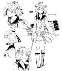 Rule 34 | 1girl, adapted turret, binoculars, cannon, character chart, character name, dress, expressions, flower, full body, greyscale, hair flower, hair ornament, headgear, headset, highres, kantai collection, kawashina (momen silicon), lineart, looking at viewer, monochrome, neckerchief, rudder footwear, sailor dress, short hair, socks, solo, speaking tube headset, torpedo launcher, translation request, turret, upper body, yukikaze (kancolle), yukikaze kai ni (kancolle)