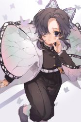 Rule 34 | 1girl, bad id, bad twitter id, belt, brown pants, brown shirt, bug, butterfly, butterfly wings, highres, insect, insect wings, kimetsu no yaiba, kmnk (kumanuko), kochou shinobu, looking at viewer, open mouth, pants, purple butterfly, purple eyes, purple hair, shirt, shoes, short hair, simple background, solo, uniform, white background, white belt, wings