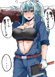 Rule 34 | 1girl, ?, alternate costume, alternate hairstyle, axe, belt, black shirt, blue hair, breasts, carrying over shoulder, cowboy shot, crop top, eyebrows, gloves, heiseikorotaisei, kamishirasawa keine, large breasts, log, long sleeves, looking at viewer, lumberjack, multicolored hair, navel, open clothes, ponytail, shirt, sidelocks, simple background, solo, stomach, touhou, translation request, two-tone hair, weapon, white background, white gloves