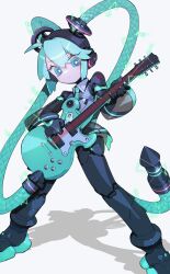 Rule 34 | absurdres, aqua eyes, aqua hair, aqua necktie, bright pupils, cable hair, cheri zao, electric guitar, electricity, full body, guitar, hatsune miku, highres, holding, holding guitar, holding instrument, instrument, long hair, necktie, number tattoo, proto miku (cheri zao), robot girl, see-through, see-through skirt, see-through sleeves, shadow, shoulder tattoo, simple background, skirt, standing, tattoo, twintails, very long hair, vocaloid, white background, white pupils