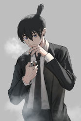 Rule 34 | 1boy, absurdres, bilibilida, black necktie, black suit, blue eyes, chainsaw man, cigarette, earrings, fingernails, formal, grey background, hair between eyes, hayakawa aki, highres, holding, holding cigarette, holding lighter, jewelry, lighter, looking at viewer, male focus, necktie, simple background, smoke, smoking, solo, suit