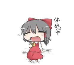 Rule 34 | 1girl, bow, brown hair, cup, dango, dekasudachin, detached sleeves, closed eyes, fang, female focus, food, hair bow, hair tubes, hakurei reimu, japanese clothes, miko, necktie, open mouth, plate, shirt, sitting, skirt, skirt set, solo, teacup, touhou, translation request, wagashi, yunomi