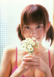 Rule 34 | 1girl, asian, bikini, bikini top only, bouquet, flower, ichikawa yui, indoors, looking at viewer, photo (medium), pink bikini, solo, swimsuit, tagme, twintails