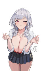 1girl black_skirt bra breasts breasts_squeezed_together collared_shirt cowboy_shot dress_shirt earrings grey_hair gyaru heart heart_earrings heart_in_eye heart_necklace highres jewelry kurokawa_otogi large_breasts leaning_forward long_hair long_sleeves looking_at_viewer meme miniskirt necklace open_clothes open_shirt original parted_lips pleated_skirt red_bra red_eyes school_uniform seductive_smile shirt simple_background skirt sleeves_rolled_up smile solo symbol_in_eye thighs underwear white_background white_shirt