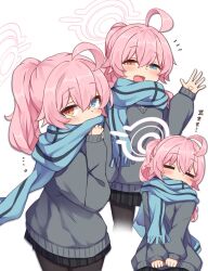Rule 34 | 1girl, = =, ahoge, blue archive, blue eyes, blue scarf, blush, fang, heterochromia, hoshino (blue archive), long sleeves, pink hair, ponytail, scarf, shinopoko, sleeves past wrists, striped clothes, striped scarf, yellow eyes