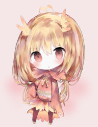 Rule 34 | 1girl, :o, antenna hair, bad id, bad pixiv id, blonde hair, blush, brown background, brown pantyhose, chibi, cottontailtokki, full body, hair between eyes, hand up, head tilt, long hair, long sleeves, neck ribbon, original, pantyhose, parted lips, red eyes, red shirt, ribbon, shirt, skirt, sleeves past fingers, sleeves past wrists, solo, standing, very long hair, yellow footwear, yellow ribbon, yellow skirt