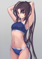 Rule 34 | 1girl, armpits, arms behind head, arms up, asymmetrical bikini, bikini, blue bikini, blue eyes, blush, breasts, brown hair, closed mouth, collarbone, cowboy shot, fate/grand order, fate (series), grey background, groin, hair between eyes, hair intakes, long hair, looking at viewer, navel, ponytail, purutoppu (toranohige), simple background, small breasts, smile, solo, sports bikini, standing, stomach, swimsuit, ushiwakamaru (fate), ushiwakamaru (fate/grand order), ushiwakamaru (swimsuit assassin) (fate), ushiwakamaru (swimsuit assassin) (first ascension) (fate), very long hair