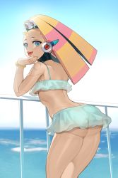 Rule 34 | 1girl, alternate breast size, android, ass, bent over, bikini, blonde hair, blue bikini, blue eyes, blue sky, bracelet, breasts, frilled bikini, frills, hand on own chin, highres, jewelry, looking at viewer, looking back, medium breasts, mega man (series), mega man x (series), ocean, pallette (mega man), robot ears, sky, solo, swimsuit, teeth, ultracat, upper teeth only