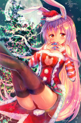 Rule 34 | 1girl, alternate costume, animal ears, ass, ayane yui, bare shoulders, black thighhighs, blush, bow, box, breasts, christmas lights, christmas tree, cleavage, cleavage cutout, closed mouth, clothing cutout, commentary request, detached sleeves, dress, feet out of frame, frills, full moon, gift, gift box, green bow, hair between eyes, hands up, hat, hat bow, highres, large breasts, legs up, long hair, looking at viewer, mini hat, moon, night, orange eyes, panties, pantyshot, pink hair, pom pom (clothes), rabbit cutout, rabbit ears, rabbit girl, rabbit tail, red dress, red hat, red panties, reisen udongein inaba, santa costume, santa hat, sitting, smile, snowflakes, solo, strapless, strapless dress, striped, striped sleeves, tail, thighhighs, thighs, touhou, twitter username, underwear, very long hair