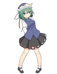 Rule 34 | 1girl, arms behind back, black footwear, black skirt, blue eyes, blue hat, blue vest, blush, bow, breasts, buttons, closed mouth, commentary request, expressionless, frilled hat, frills, full body, green hair, hair between eyes, hat, hekkmushi, highres, long sleeves, looking at viewer, mary janes, medium breasts, pigeon-toed, red bow, ribbon-trimmed skirt, ribbon trim, shiki eiki, shirt, shoes, short hair, simple background, skirt, socks, solo, touhou, two-tone bow, vest, white background, white bow, white shirt