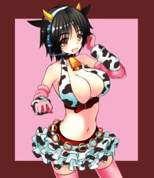 Rule 34 | 10s, 1girl, animal ears, animal print, bare shoulders, bell, black hair, breasts, brown eyes, cleavage, collar, cow ears, cow horns, cow print, cowbell, elbow gloves, gloves, headset, horns, hototogisu (hot to gis), idolmaster, idolmaster cinderella girls, large breasts, midriff, navel, neck bell, oikawa shizuku, short hair, skirt, solo, thighhighs