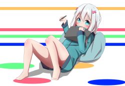Rule 34 | 1girl, absurdres, barefoot, blue eyes, blue jacket, blush, bow, closed mouth, commentary request, drawing tablet, eromanga sensei, hair between eyes, hair bow, highres, holding, holding stylus, idaten93, izumi sagiri, jacket, long hair, long sleeves, pillow, pink bow, reclining, silver hair, solo, stylus
