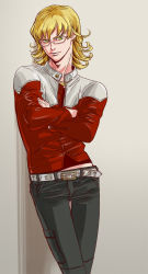 Rule 34 | 10s, 1boy, bad id, bad pixiv id, barnaby brooks jr., belt, blonde hair, crossed arms, glasses, green eyes, jacket, kosiankoro, male focus, red jacket, solo, studded belt, tiger &amp; bunny