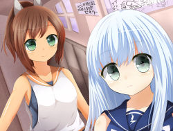 Rule 34 | 10s, 1girl, aoki hagane no arpeggio, bad id, bad pixiv id, blue hair, brown hair, crossover, green eyes, highres, i-401 (kancolle), iona (aoki hagane no arpeggio), kantai collection, long hair, masa masa, name connection, personification, ponytail, sailor collar, school swimsuit, short hair, swimsuit, swimsuit under clothes