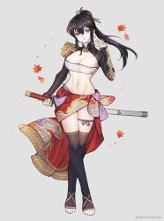 Rule 34 | 1girl, absurdres, bandages, bandeau, black hair, black thighhighs, chest sarashi, commission, grey background, head tilt, highres, long hair, long sleeves, midriff, navel, original, pixiv commission, ponytail, purple eyes, sarashi, sarong, shrug (clothing), silvercandy gum, simple background, solo, stomach, strapless, thighhighs, thighs, tube top