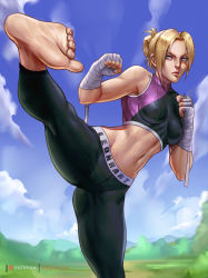Rule 34 | 1girl, annie leonhart, arimatang, bandages, bare shoulders, barefoot, blonde hair, blue eyes, breasts, closed mouth, clothes writing, cloud, feet, highres, jewelry, kicking, leg up, medium breasts, navel, outdoors, ring, shingeki no kyojin, sky, sleeveless, solo, sportswear, standing, standing on one leg, stomach, sweat, thighs, toes