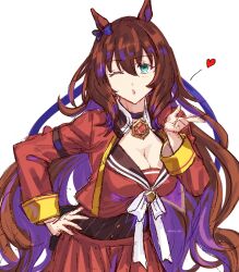 Rule 34 | 1girl, animal ears, aqua eyes, blowing kiss, bow, breasts, brown hair, cleavage, commentary request, cropped jacket, ear bow, hair between eyes, hand on own hip, heart, highres, horse ears, horse girl, jacket, jagaimobeniko, large breasts, long sleeves, looking at viewer, maruzensky (umamusume), one eye closed, pendant choker, pleated skirt, purple bow, red jacket, red serafuku, red skirt, school uniform, serafuku, simple background, skirt, solo, umamusume, upper body, white background, white bow