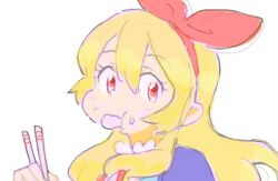 Rule 34 | 1girl, :t, aikatsu!, aikatsu! (series), bad drawr id, bad id, blonde hair, bow, chewing, chopsticks, closed mouth, eating, food, food in mouth, food on face, hair between eyes, hair bow, hairband, hand up, high collar, holding, holding chopsticks, hoshimiya ichigo, long hair, looking at viewer, looking to the side, mokeo, oekaki, portrait, red bow, red eyes, red hairband, simple background, sketch, solo, wavy mouth, white background