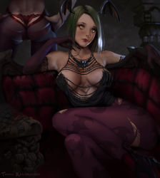 Rule 34 | 2girls, animal print, ass, bat print, body freckles, breasts, capcom, collarbone, couch, elbow gloves, freckles, gloves, green hair, hand on own chin, head wings, highres, jewelry, large breasts, lilith aensland, lipstick, looking up, makeup, mole, mole on breast, mole on shoulder, mole under eye, morrigan aensland, multiple girls, nail polish, necklace, panties, pantyhose, print legwear, realistic, red lips, short hair, sitting, teemu taiga, torn clothes, torn legwear, underwear, vampire (game), wings, yellow eyes
