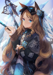 Rule 34 | 1girl, absurdres, animal ear fluff, animal ears, arknights, artificial flower, black bow, black coat, blonde hair, blue eyes, blue nails, blue skirt, blush, bow, cat ears, closed mouth, coat, cowboy shot, flower, hair bow, hair flower, hair ornament, highres, iris (arknights), long hair, long sleeves, looking at viewer, nail polish, open clothes, open coat, ringlets, shirt, skirt, solo, swept bangs, trrcmb, very long hair, white shirt