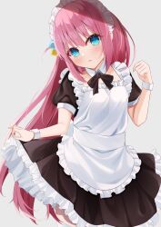 Rule 34 | 1girl, absurdres, alternate costume, apron, black dress, blue eyes, blush, bocchi the rock!, cube hair ornament, dress, frilled dress, frills, gotoh hitori, hair ornament, highres, lacca (lalalacca), long hair, looking at viewer, maid, maid headdress, pink hair, ribbon, solo, very long hair, white background