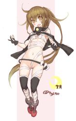 Rule 34 | 1girl, @ @, black gloves, black thighhighs, blush, brown eyes, brown hair, budget sarashi, character name, cosplay, crescent, flat chest, full body, fumizuki (kancolle), gloves, gluteal fold, goekawa, hair between eyes, kantai collection, long hair, looking at viewer, multicolored background, musashi (kancolle), musashi (kancolle) (cosplay), musashi kai (kancolle), navel, open mouth, partially fingerless gloves, ponytail, sarashi, solo, standing, stomach, thighhighs, twitter username, two-tone background, very long hair