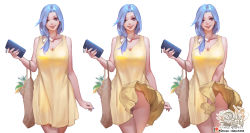 Rule 34 | 1girl, absurdres, artist name, bag, blue eyes, blue hair, blue nails, breasts, cleavage, collarbone, commentary, covering privates, covering crotch, dress, female pubic hair, hair ribbon, highres, holding, holding bag, hu dako, large breasts, lips, looking at viewer, mature female, mole, mole under eye, multiple views, nail polish, no panties, original, parted lips, patreon username, pubic hair, ribbon, simple background, smile, standing, white background, white ribbon, wind, wind lift, yellow dress