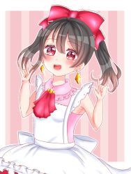 Rule 34 | 1girl, apron, artist name, artist request, black hair, blush, bow, collared shirt, earrings, female focus, frilled bow, frills, from side, hair between eyes, hair bow, jewelry, korekara no someday, looking at viewer, love live!, love live! school idol project, nico nico nii, pink shirt, red bow, red eyes, s336xrmx, s336xrmx (pixiv23480649), shirt, short hair, sidelocks, skirt, sleeveless, sleeveless shirt, smile, solo, thighhighs, twintails, white apron, yazawa nico