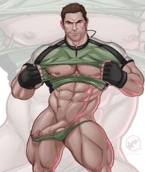 Rule 34 | 1boy, abs, bara, black gloves, black hair, blitzturner, briefs, chris redfield, closed mouth, erection, facial hair, fingerless gloves, gloves, green male underwear, green shirt, headset, highres, large pectorals, male focus, male underwear, male underwear pull, muscular, muscular male, navel, nipples, nude, pectorals, penis, resident evil, resident evil 5, shirt, short hair, smile, solo, thick thighs, thighs, torn clothes, torn shirt, underwear