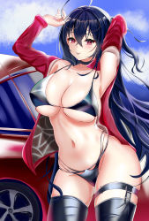 Rule 34 | 1girl, absurdres, armpits, azur lane, bikini, black bikini, black choker, black thighhighs, blue sky, breasts, choker, crossed bangs, eyewear on head, highleg, highleg bikini, highres, huge breasts, jacket, kanesada dp, long hair, looking at viewer, multi-strapped bikini bottom, multiple straps, official alternate costume, open clothes, open jacket, outdoors, race queen, red eyes, red jacket, sky, solo, standing, sunglasses, swimsuit, taihou (azur lane), taihou (enraptured companion) (azur lane), thighhighs, tongue, tongue out, very long hair