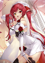 Rule 34 | 1girl, bare shoulders, black thighhighs, breasts, dress, flower, hair ribbon, heterochromia, hololive, houshou marine, large breasts, long hair, looking at viewer, open mouth, red eyes, red hair, red ribbon, ribbon, rose, scottie (phantom2), solo, thighhighs, thighs, twintails, veil, virtual youtuber, white dress, yellow eyes