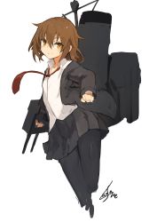Rule 34 | 1girl, black pantyhose, black skirt, blush, brown hair, cannon, closed mouth, commentary request, cropped legs, grey jacket, hair between eyes, holding, jacket, kantai collection, lansane, looking at viewer, machinery, necktie, open clothes, open jacket, orange eyes, pantyhose, red necktie, shirt, short hair, signature, simple background, skirt, smile, solo, standing, standing on one leg, wakaba (kancolle), white background, white shirt