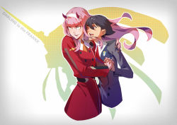 Rule 34 | 10s, 1boy, 1girl, 42, blue eyes, darling in the franxx, dress, hairband, height difference, hiro (darling in the franxx), horns, long hair, long sleeves, pink hair, red dress, zero two (darling in the franxx)