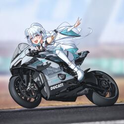 Rule 34 | 1girl, :d, absurdres, aurora project, black necktie, blue eyes, blue hair, braid, day, dress, ducati, hayashi iro, highres, light blue hair, long hair, looking at viewer, motor vehicle, motorcycle, necktie, on motorcycle, open mouth, outdoors, outstretched arm, pants, riding, smile, solo, v, virtual youtuber, white dress, white footwear, white pants, wide sleeves, yeong r6