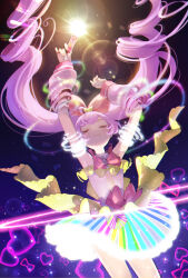 Rule 34 | 1girl, absurdres, ahoge, arms up, blue background, bow, closed eyes, closed mouth, coattails, commentary request, cowboy shot, dress, facing viewer, floating clothes, floating hair, glowing, hair bow, heart, henshin, highres, holding, holding microphone, lens flare, light purple hair, long hair, manaka laala, microphone, multicolored clothes, multicolored dress, oshiri (o4ritarou), pink bow, pretty series, pripara, short dress, sleeveless, sleeveless dress, smile, solo, standing, treble clef, twintails, very long hair, waist bow